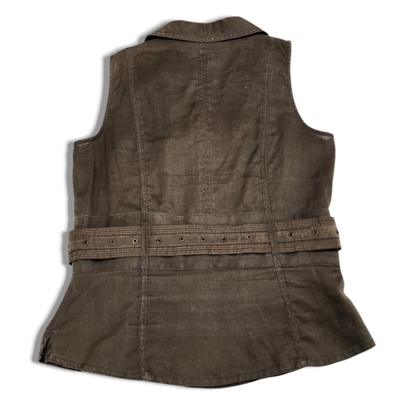 Zara Basic Women Vest Sz M Khaki Green Vintage Utility Style Belt, 100% Ramie - Picture 5 of 11